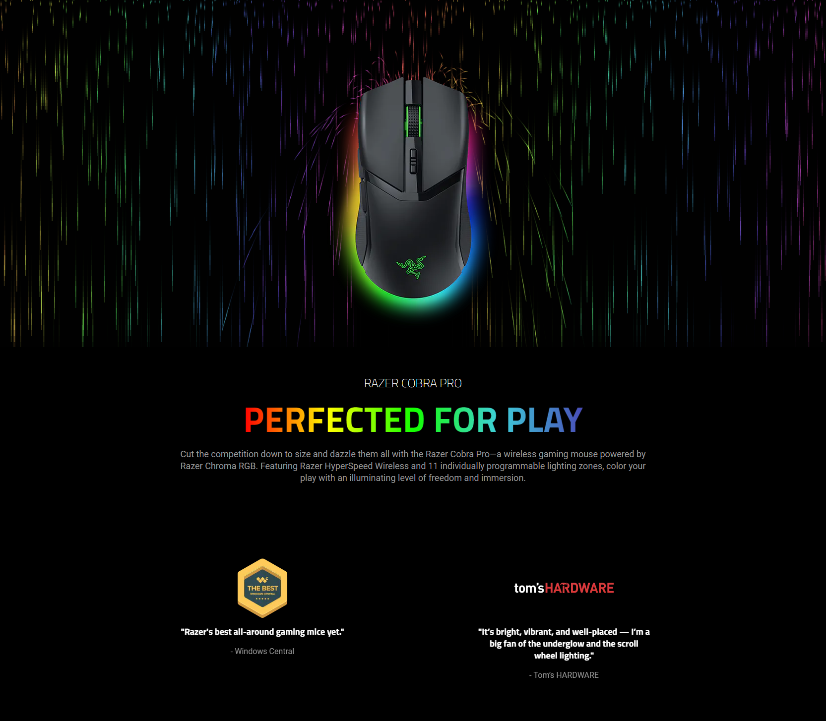 A large marketing image providing additional information about the product Razer Cobra Pro - Ambidextrous Wired/Wireless Gaming Mouse (Black) - Additional alt info not provided